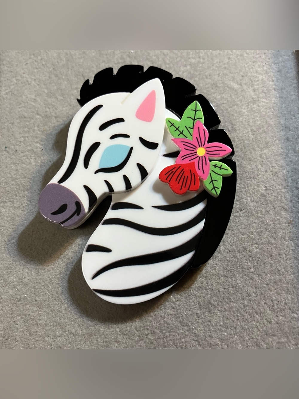 Zebra Floral Layered Acrylic Brooch - Black White with Pink & Green Accents